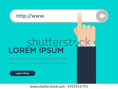 Hand pushing virtual search bar on turquoise background, internet concept 