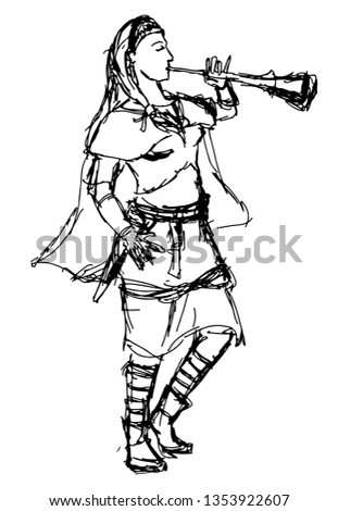 Vector sketch of female bard in medieval costume playing pipe