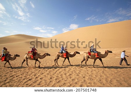 DUNHUANG, CHINA - JULY 27:  Camel caravan on the Mingsha desert in profile against a bright blue sky on July 27, 2012 in Dunhuang located, China