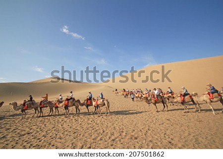 DUNHUANG, CHINA - JULY 27:  Camel caravan on the Mingsha desert in profile against a bright blue sky on July 27, 2012 in Dunhuang located, China