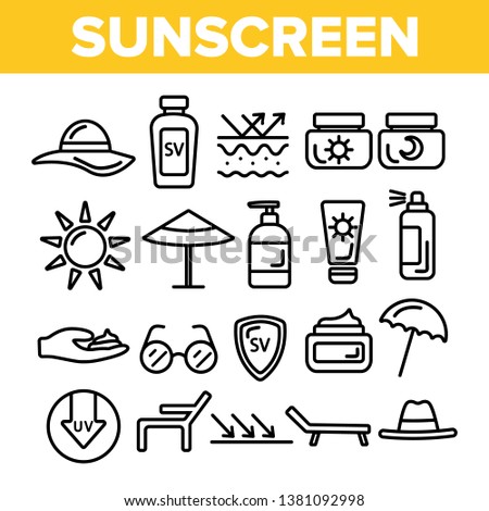 Sunscreen, UV Defence Vector Thin Line Icons Set. Sunscreen, Suntan Rules Linear Illustrations. Summer, Seaside Vacations Cosmetics. Skin Protection, Hats, SPF Cream, Sunglasses Contour Pictograms