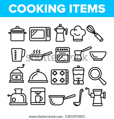 Cooking Items Vector Thin Line Icons Set. Cooking Accessories Linear Illustrations. Kitchen Equipment, Electronics Contour Symbols. Cookware, Saucepans, Bowl, Coffee Making Machines Pictograms