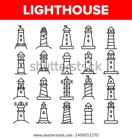 Lighthouse, Sea Beacon Linear Vector Icons Set. Lighthouse, Signal Light House Thin Line Contour Symbols Pack. Sailor Safety Warning Pictograms Collection. Tower with Searchlight Outline Illustrations