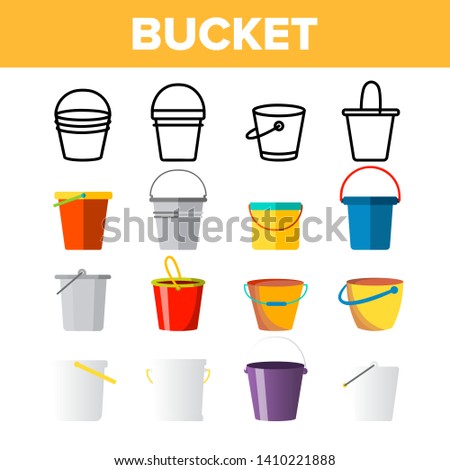 Buckets, Pails Vector Thin Line Icons Set. Buckets, Plastic, Metal Containers for Farming, Housework Tools, Equipment Linear Pictograms. Kids Toy for Sand Games on Beach Color Symbols Collection