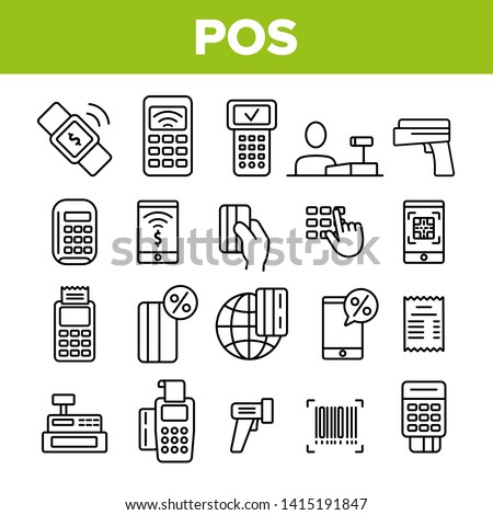 POS Terminal, Mobile Payment Vector Linear Icons Set. POS, Cashless E-Payment Machine Outline Symbols Pack. Financial Transaction, Billing System. Banking And Finance Isolated Contour Illustrations