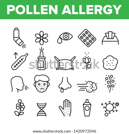Pollen Allergy Symptoms Vector Linear Icons Set. Spring Seasonal Allergy, Respiratory Infection Outline Symbols Pack. Plants Allergic Reactions Isolated Contour Illustration. Skin Rash, Sneezing