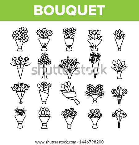 Bouquets, Bunches Of Flowers Vector Icons Set. International Womens Day, Birthday, Romantic Present. Natural, Traditional Gift For Girls, Women, Ladies. Roses, Tulips, Daisies Thin Line Illustration