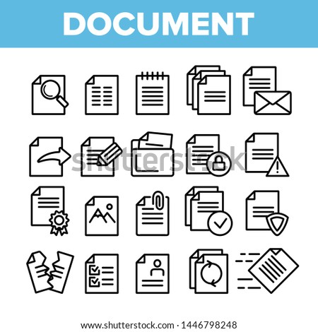 Digital, Computer Documents, File Vector Linear Icons Set. Sending Work Files. Deleting Documentation, Protecting Information Contour Cliparts. Office Archive, Info Storage Thin Line Illustration