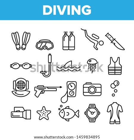 Scuba Diving Equipment Vector Linear Icons Set. Summer Vacation, Diving Water Sport Outline Cliparts. Active Sea Holiday Pictograms Collection. Extreme Activity, Snorkeling Thin Line Illustration