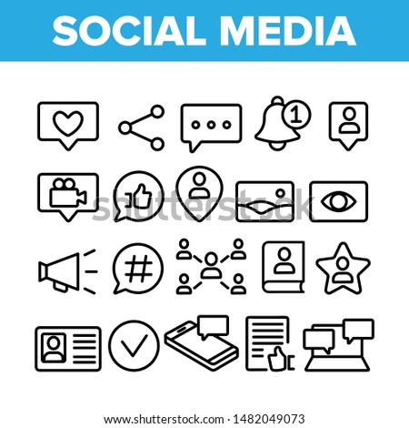 Collection Social Media Elements Icons Set Vector Thin Line. Internet Social Chat And Message In Smartphone, Web Site Details Like And Bell Mark Linear Pictograms. Monochrome Contour Illustrations