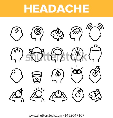 Collection Headache Elements Icons Set Vector Thin Line. Migraine Brain, Tension And Cluster Headache Symptom Linear Pictograms. Head Medical Problem Monochrome Contour Illustrations