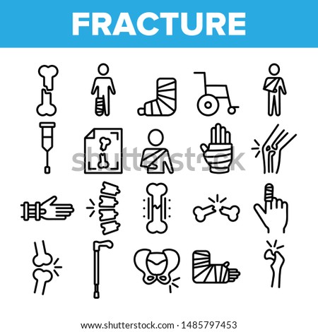 Collection Fracture Elements Vector Sign Icons Set Thin Line. Gypsum Foot And Hand Arm Crutch, Bones Fracture Linear Pictograms. Medicine Details And Character Monochrome Contour Illustrations