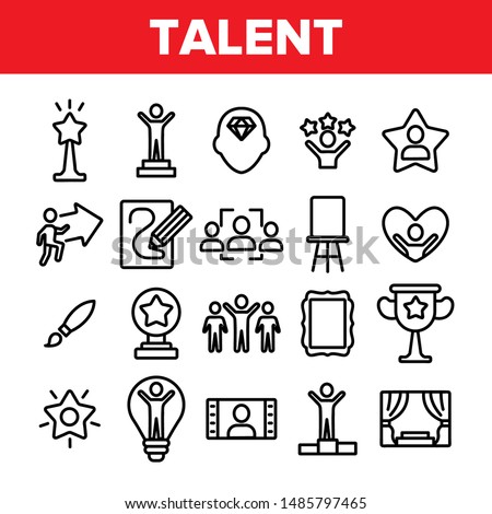 Collection Different Human Talent Icons Set Vector Thin Line. Man Silhouette On Tribune And In Lamp Bulb, With Stars And Arrow, Pencil Draw Picture Linear Pictograms. Monochrome Contour Illustrations