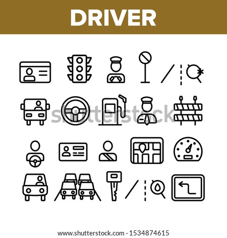 Driver Collection Car Elements Icons Set Vector Thin Line. Driver Silhouette And Road Mark, Traffic Light And License, Gps Navigator And Key Concept Linear Pictograms. Monochrome Contour Illustrations