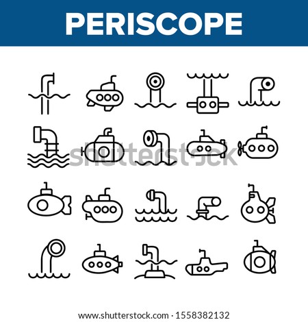 Periscope Collection Elements Icons Set Vector Thin Line. Military Submarine Vision Equipment Periscope, Nautical Boat Device Concept Linear Pictograms. Monochrome Contour Illustrations