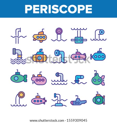 Periscope Collection Elements Icons Set Vector Thin Line. Military Submarine Vision Equipment Periscope, Nautical Boat Device Concept Linear Pictograms. Color Illustrations