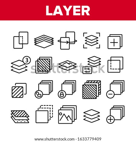 Layer Protect Material Collection Icons Set Vector Thin Line. Coating And Cover, Thickness And Stratum Layer, Picture And Padlock Concept Linear Pictograms. Monochrome Contour Illustrations