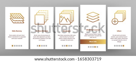 Layer Protect Material Onboarding Icons Set Vector. Coating And Cover, Thickness And Stratum Layer, Picture And Padlock Illustrations