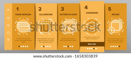 Layer Protect Material Onboarding Icons Set Vector. Coating And Cover, Thickness And Stratum Layer, Picture And Padlock Illustrations