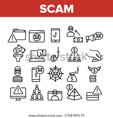 Scam Finance Criminal Collection Icons Set Vector. Internet And Mobile Phone Scam, Computer Screen And Folder, Dollar Banknote And Coin Concept Linear Pictograms. Monochrome Contour Illustrations