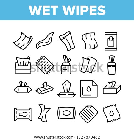 Wet Wipes Disinfectant Collection Icons Set Vector. Antibacterial Disinfect Packaging Wet Wipes And Towel Hygiene Accessory Concept Linear Pictograms. Monochrome Contour Illustrations