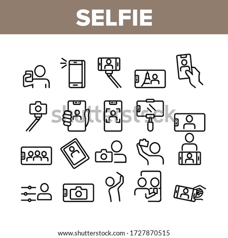Selfie Photo Camera Collection Icons Set Vector. Selfie Stick Tool And Smartphone Digital Device For Make Photography Card Concept Linear Pictograms. Monochrome Contour Illustrations