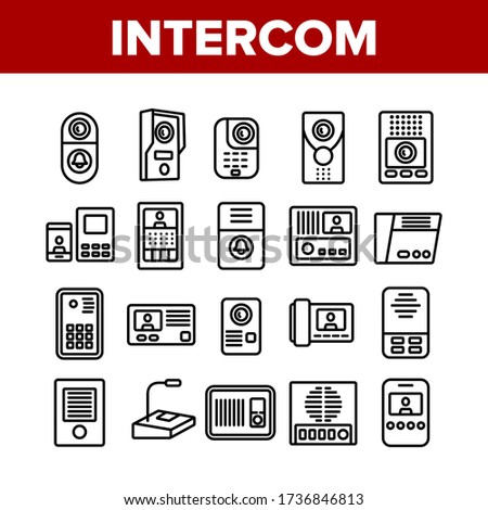 Intercom Communication Collection Icons Set Vector. Intercom Electronic Protection Device For Communicate, Microphone And Door Bell Concept Linear Pictograms. Monochrome Contour Illustrations