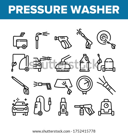 Pressure Washer Tool Collection Icons Set Vector. Pressure Washer Equipment For Wash Car Wheel And Glass, Brush And Sprayer Concept Linear Pictograms. Monochrome Contour Illustrations