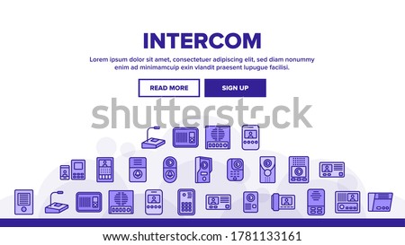 Intercom Communication Landing Web Page Header Banner Template Vector. Intercom Electronic Protection Device For Communicate, Microphone And Door Bell Illustrations