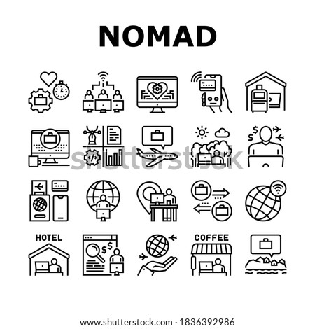 Digital Nomad Worker Collection Icons Set Vector. Freelancer Nomad Remote Work And Traveling, Working In Hotel And Coffee Cafe Black Contour Illustrations