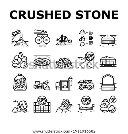 Crushed Stone Mining Collection Icons Set Vector. Heavy Machinery And Excavator, Dump Truck And Railway Carriage, Stone Mine Equipment Black Contour Illustrations Stock foto © 