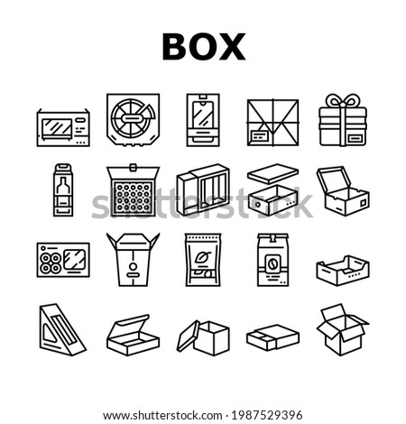 Box Carton Container Collection Icons Set Vector. Sushi Delivering And Pizza, Box For Tea And Coffee, Mobile Phone And Tv Plazma Black Contour Illustrations Photo stock © 