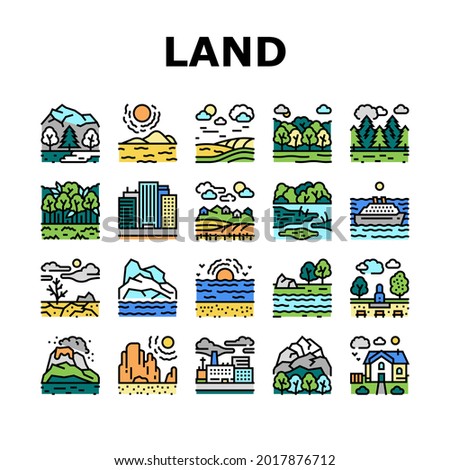 Land Scape Nature Collection Icons Set Vector. Desert And Forest, Meadow And Industrial Metropolis, Sea And Ocean, Tundra And Taiga Land Line Pictograms. Contour Color Illustrations