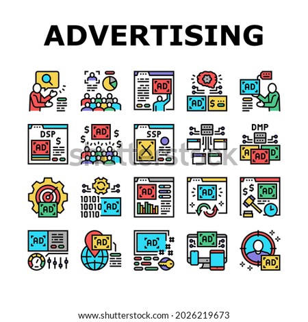 Programmatic Advertising Service Icons Set Vector. Audience Programmatic Advertising And Analytics, Optimization And Remarketing, Digital Advertise Line Pictograms. Contour Color Illustrations