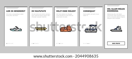 Boat Water Transportation Types Onboarding Mobile App Page Screen Vector. Runabout And Catamaran, Fishing And Bowrider, Motor Yacht And Cabin Cruiser Boat Illustrations Stock fotó © 