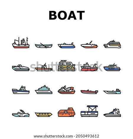 Boat Water Transportation Types Icons Set Vector. Runabout And Catamaran, Fishing And Bowrider, Motor Yacht And Cabin Cruiser Boat Line. Ship And Motorboat Transport Color Illustrations Stock fotó © 