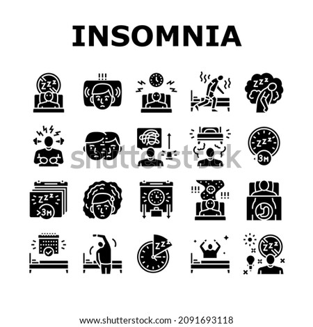 Insomnia Person Chronic Problem Icons Set Vector. Remaining Passively Awake And Difficulty Falling Asleep At Night, Insomnia Stimulus Control And Light Therapy Glyph Pictograms Black Illustrations