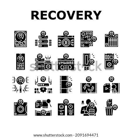 Data Recovery Computer Processing Icons Set Vector. Remote Emergency Data Recovery Hard Drive And Ssd, Smartphone And Password. Loss Prevention Services Software Glyph Pictograms Black Illustrations