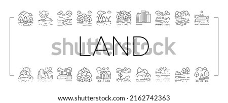 Land Scape Nature Collection Icons Set Vector. Desert And Forest, Meadow And Industrial Metropolis, Sea And Ocean, Tundra And Taiga Land Black Contour Illustrations