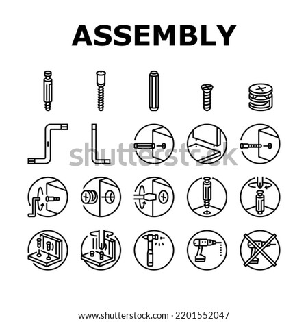 assembly furniture instruction icons set vector. manual diy, man home instructions, repair tools construction, house assemble screw assembly furniture instruction black contour illustrations