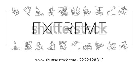 Extreme Sport Sportsman Activity Icons Set Vector. Bungee Jumping And Motocross, Wakeboarding And Ice Climbing, Skiing And Windsurfing Extreme Sport. Sportive Active Black Contour Illustrations
