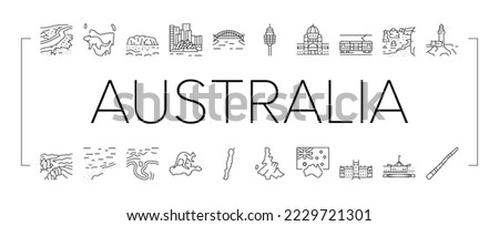 Australia Continent Landscape Icons Set Vector. Australia Flag And Didgeridoo National Musician Instrument, Tasmania And Kangaroo Animal, Fraser And Whitsunday Island Black Contour Illustrations