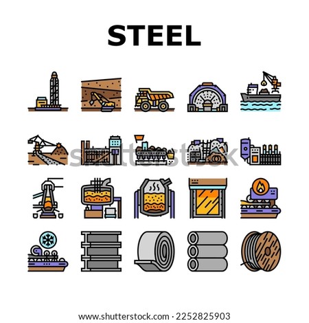steel production industry metal icons set vector. factory iron, metallurgy industrial manufacturing, equipmen technology, construction steel production industry metal color line illustrations
