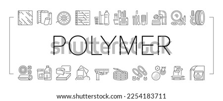 Polymer Material Industry Goods Icons Set Vector. Conveyor Belt And Garden Hose, Wheel And Bottle, Polyester Resin Bag And Container Polymer Industrial Production Black Contour Illustrations