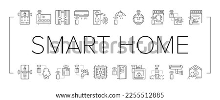 Smart Home Equipment Collection Icons Set Vector. Smart Home Security System And Fire Alarm, Air Conditioning And Washer Remote Control Black Contour Illustrations