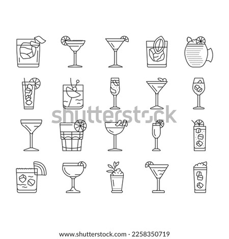 cocktail glass drink alcohol bar icons set vector. martini ice wine, party vodka cup, margarita beverage, mojito juice, champagne lemon cocktail glass drink alcohol bar black contour illustrations