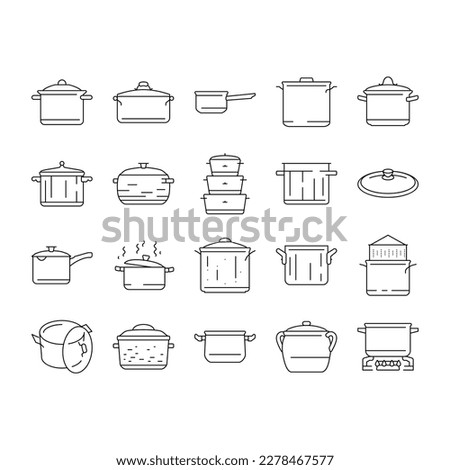 pot kitchen food pan cooking icons set vector. cook soup, saucepan lid, steel chef, kitchenware metal, stove utensil, stainless pot kitchen food pan cooking black contour illustrations