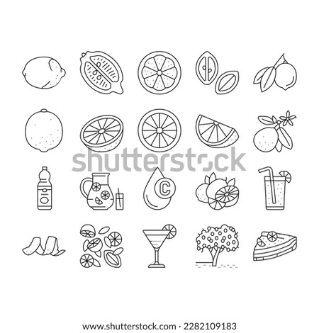 Lemon And Lime Vitamin Citrus Icons Set Vector. Lemon And Lime Fruit Cut And Slice, Delicious Juice And Lemonade, Pie Food And Cocktail Drink Bottle. Blossom Branch Tree Black Contour Illustrations