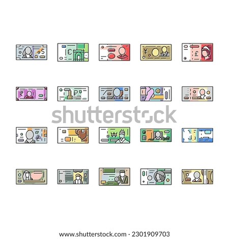 Currency International Finance Icons Set Vector. PoundAnd Dollar, Hryvnia And Indian Rupee, Jordian And Bahraini Dinar, Shekel And Omani Rial Worldwide Currency Color Illustrations