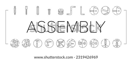 assembly furniture instruction icons set vector. manual diy, man home instructions, repair tools construction, house assemble screw assembly furniture instruction black contour illustrations